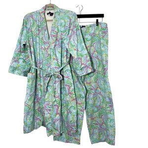 Vintage Ralph Lauren Robe Pant Set Womens M Paisley Terry Cloth Lined House Coat